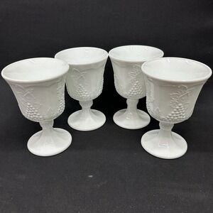 Indiana Glass - Colony Harvest Milk Glass 5 1/4" Water Goblets, Vintage Set of 4